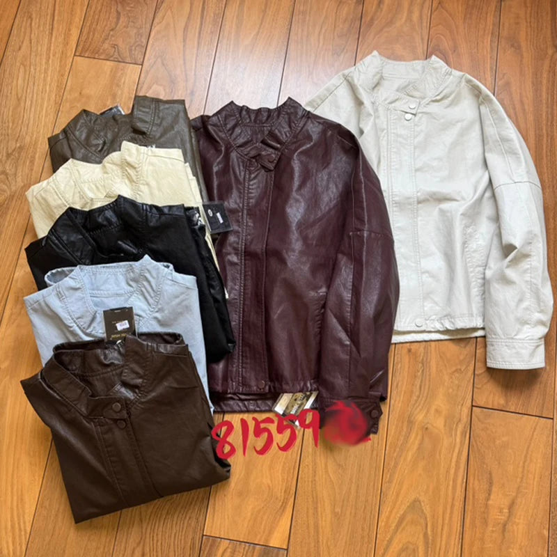 Masss Wasss 2025 Autumn Ladies Classic Fashion Oversized PU Jackets Womems Leisure Faux Leather Coats Loose Vintage Windbreakers