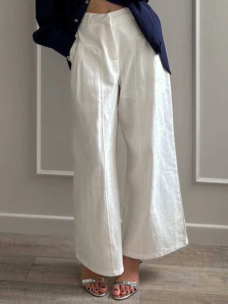 Summer White Pants For Women Cotton Formal High Waist Wide Leg Trousers Ladies Elegant Summer Women's Pants Straight Leg Office