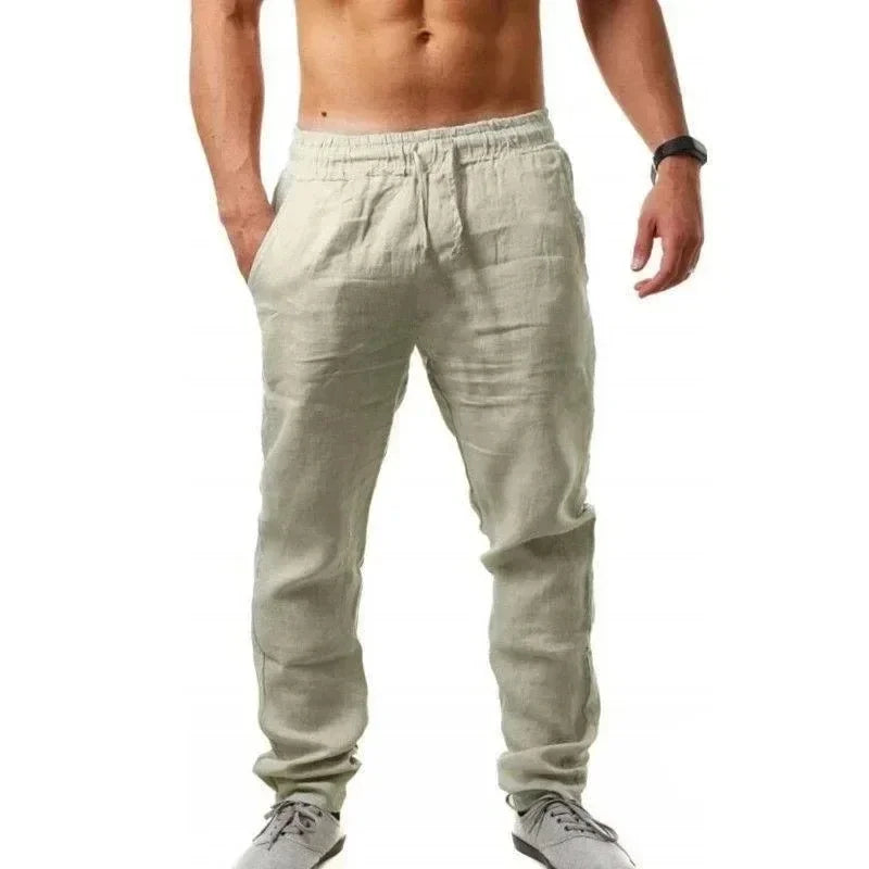 2025 Spring/Summer New Men's Cotton and Hemp Pants Fashionable and Casual Solid Color Breathable Loose Plus Wide Leg Pants M-4XL