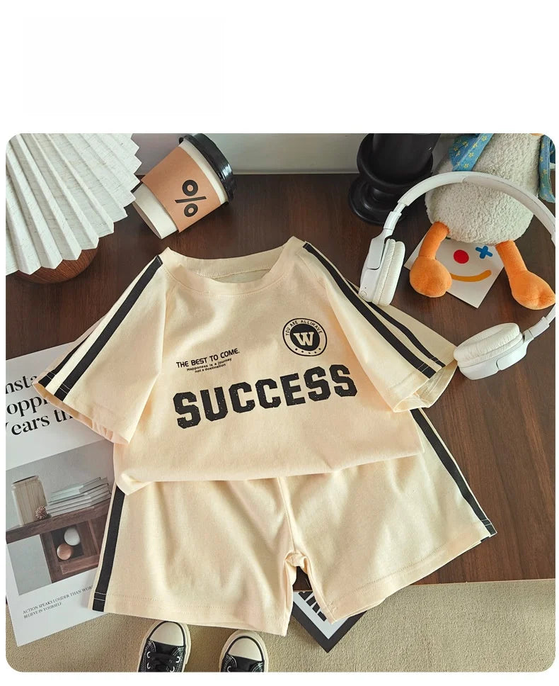 2026 New Summer Sporty Style Children Sets Letter Pattern Tee+Striped Shorts 2Pcs Clothes Short Sleeve Cotton Boys Girls Suit