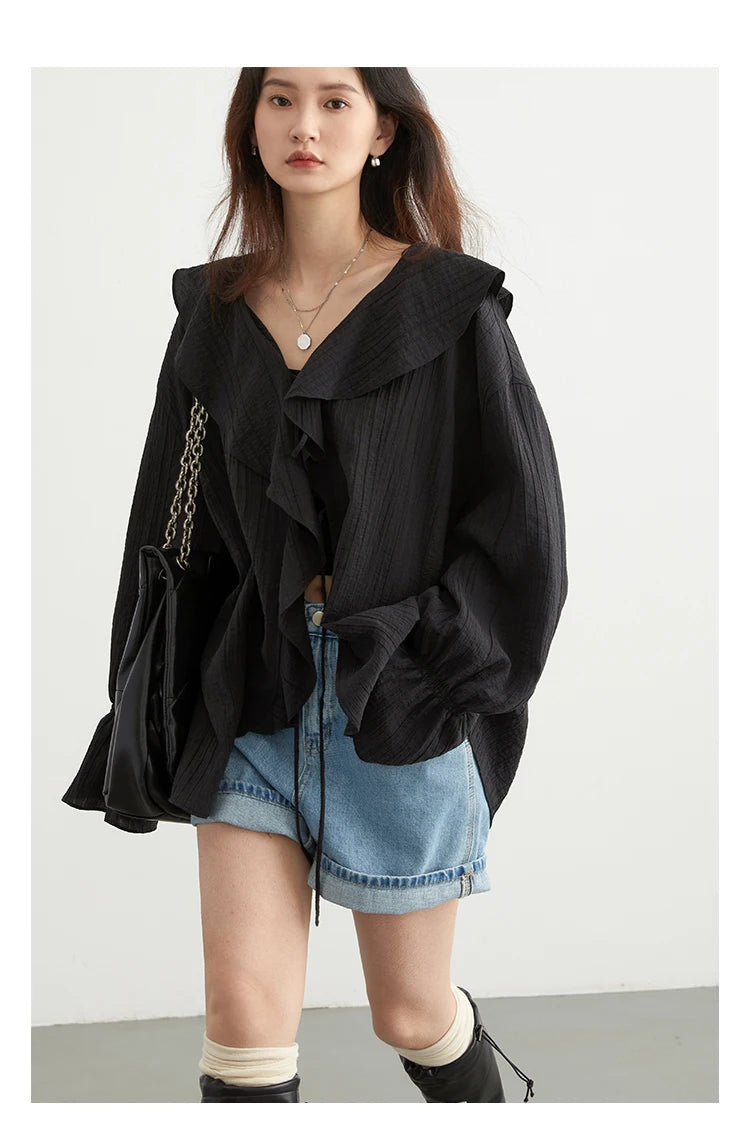 CHIC VEN Women Shirt Loose Casual Ruffled Edges Female Blouses V Neck Lace Up Mid Length Woman Shirts Spring Summer 2026