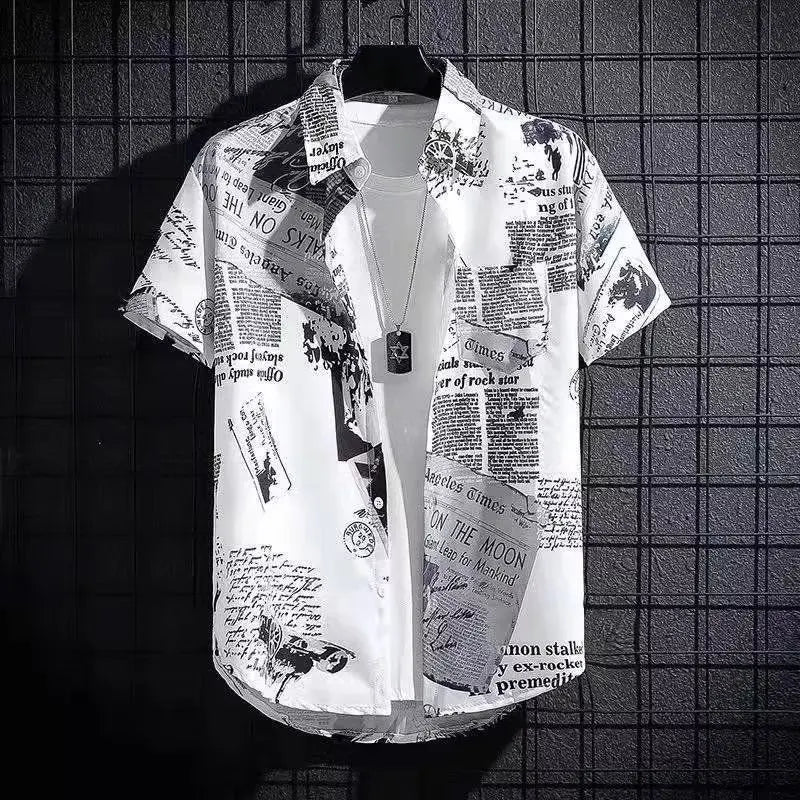 Short sleeved shirt men's thin graffiti print Hong Kong fashion clothing beach floral loose half sleeved shirt