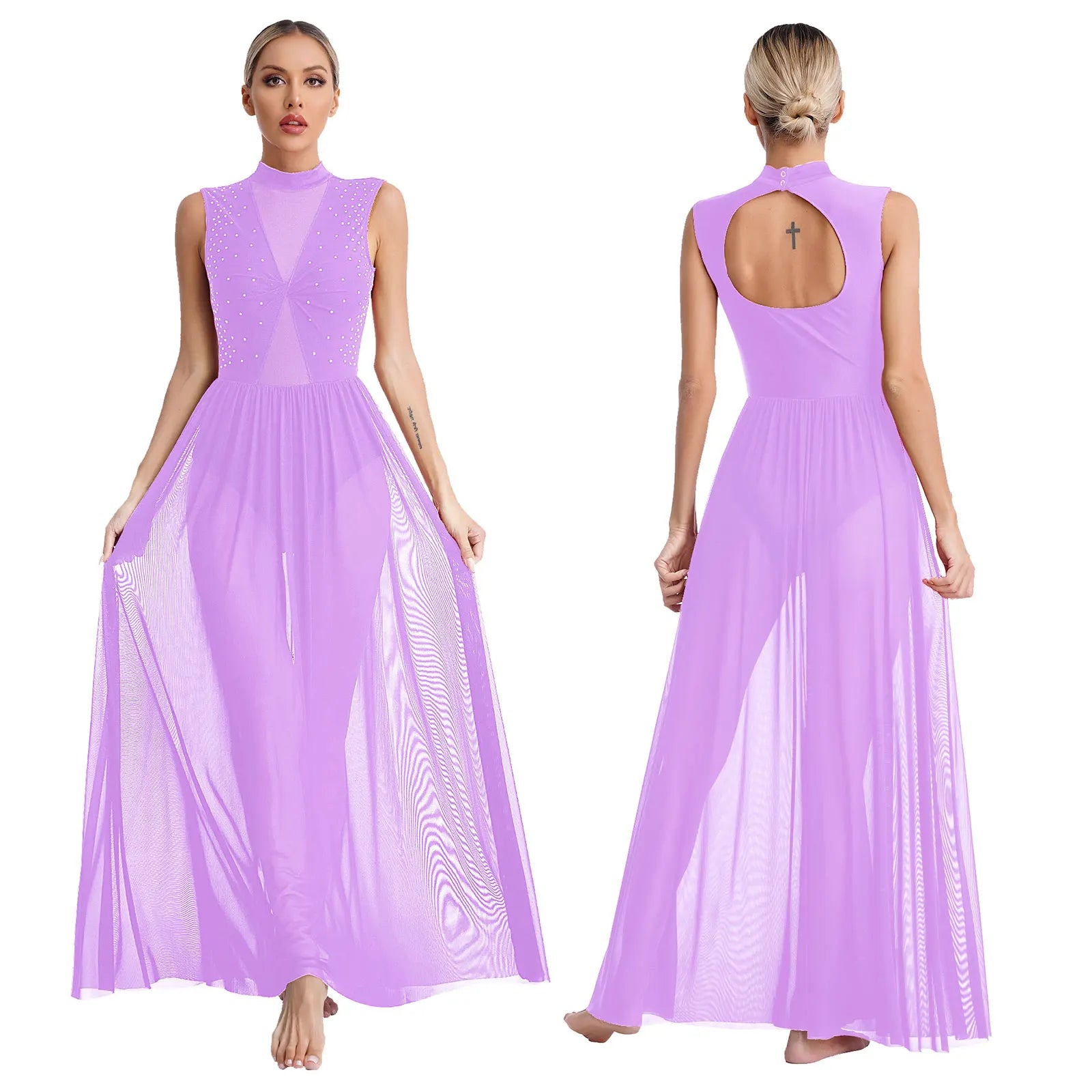 Womens Ballet Lyrical Dance Dress Cutout Back Full Length Overlay Leotard Costume Latin Rumba Tango Maxi Dress Long Dancewear