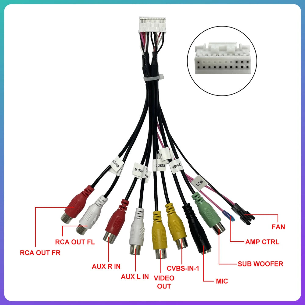 Android Radio Car Accessories RCA Output Wire 20 Pin Aux-in Subwoofer Microphone Fan Adaptor Universal Cable