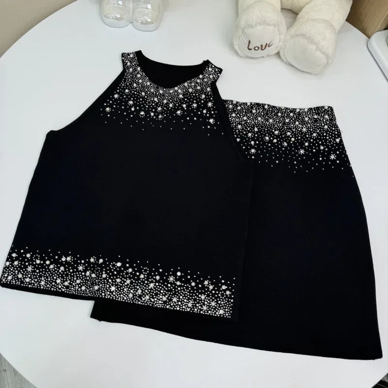 Womem Nail Bead Top + Short Skirt Two Piece Outfit Ensemble Femme High Quality French Luxury Diamonds Knitted 2 Piece Set