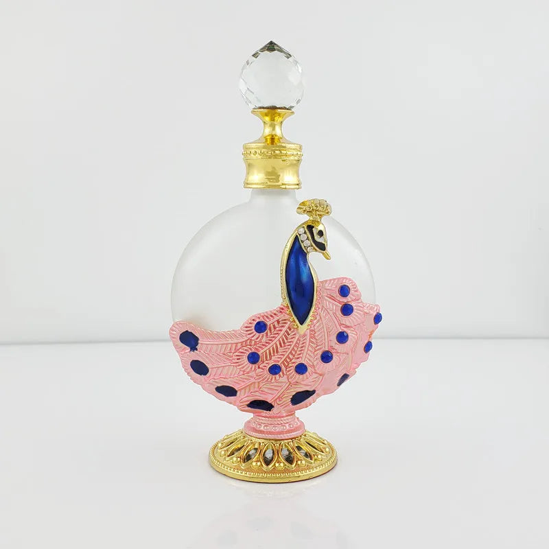 Artistic 30ml Empty Perfume Bottle, Dubai-Inspired Metal and Glass Container Adorned with a Peacock Motif, Great for Refilling E