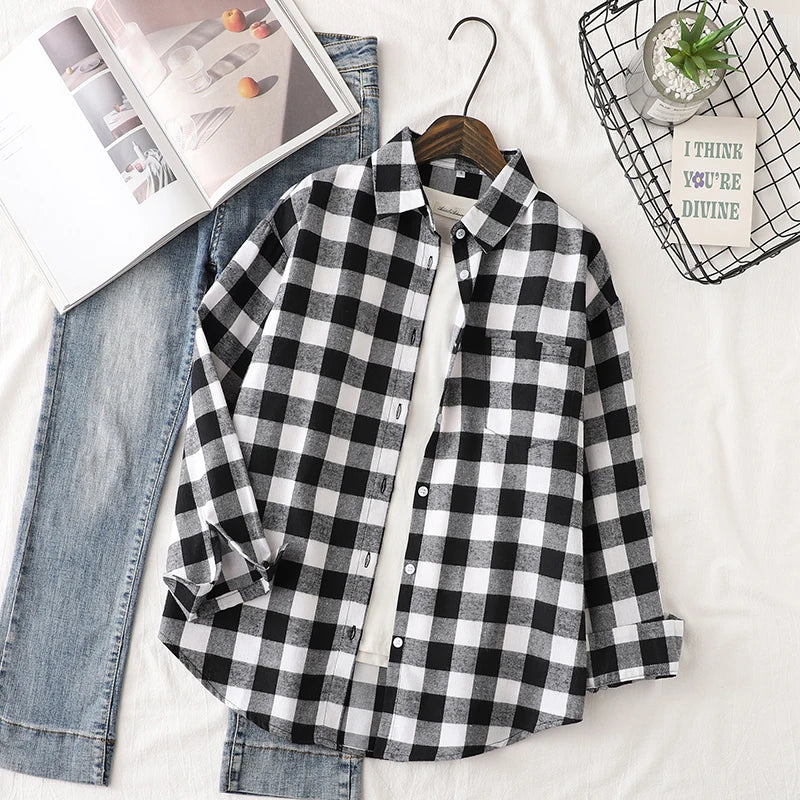 Casual Women's Plaid Shirt 2025 Spring Autumn New Ladies Loose Blouse and Tops Female Long Sleeve Shirts Fresh Checked Clothes