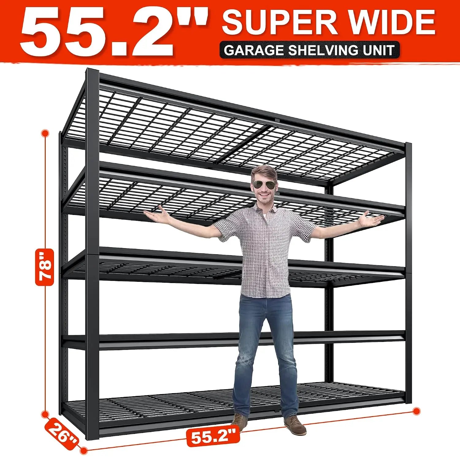 5 Tier 26" D Storage Shelves for Garage Basement Warehouse | 55.2" W x 26" D x 78" H, 3000lbs,grid design,Resist, Customized