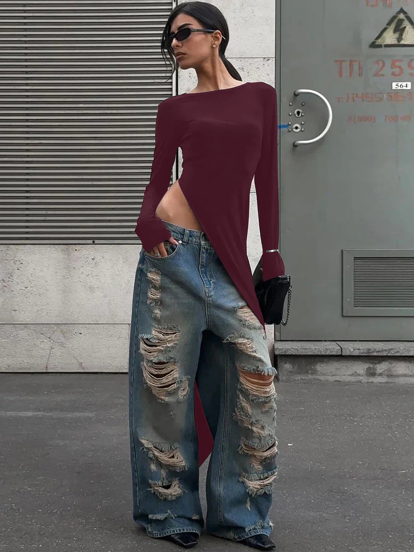Dulzura Long Sleeves Side High Slit Maxi Dress Solid Sexy Long Dress Women’S Party Club Streetwear Autumn Winter Outfit