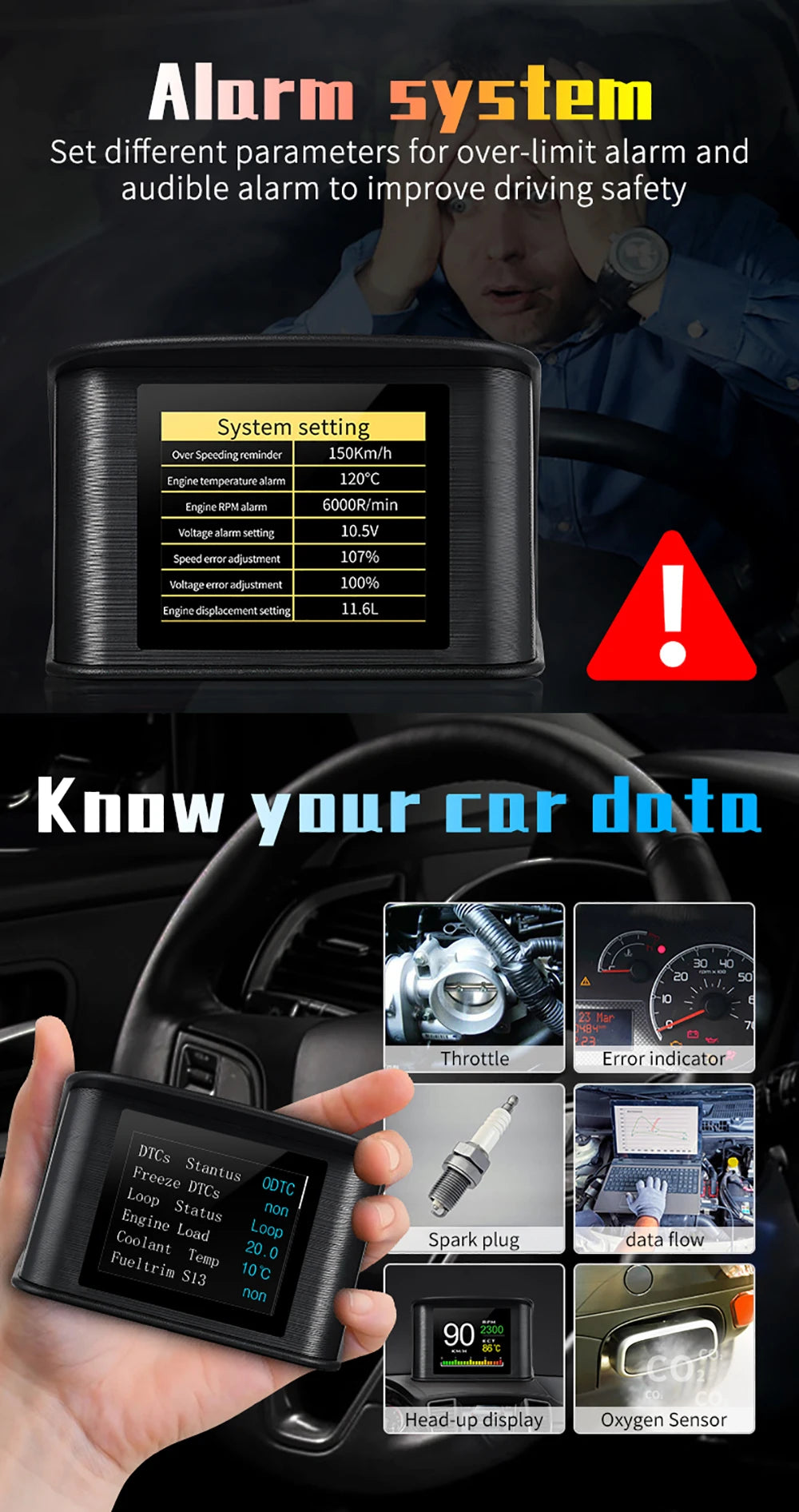 HD P10-PRO OBD2 HUD Car Head Up Display Digital Speedometer Auto On-board Computer With Speed RPM Temperature Voltage Alarm
