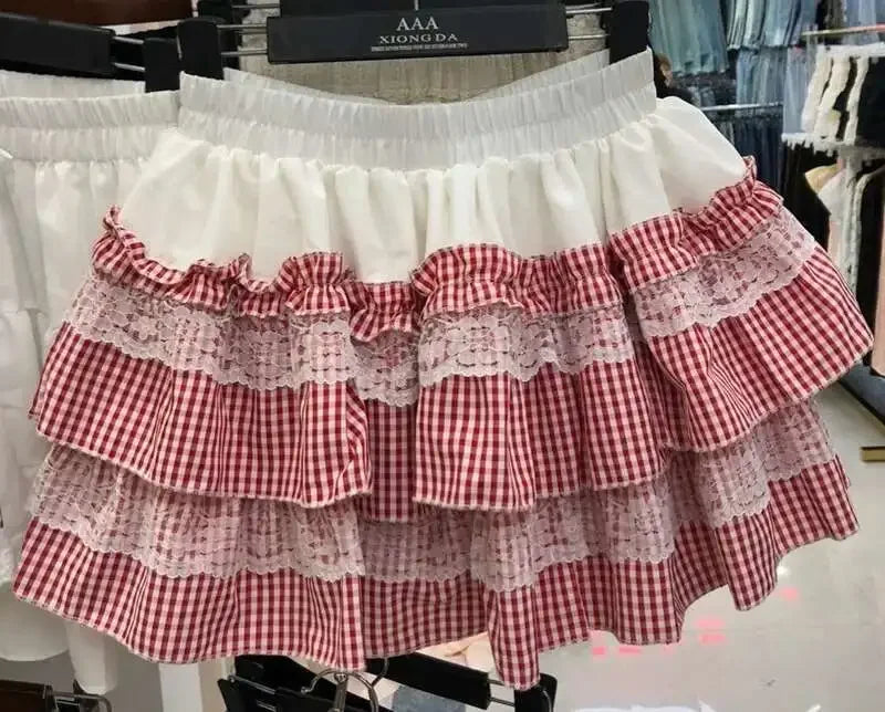 2025 Spring Summer Sweet Cute Lace Patchwork Plaid Cake Short Skirt With Shorts Womem Korean Japan Preppy Style Skirts