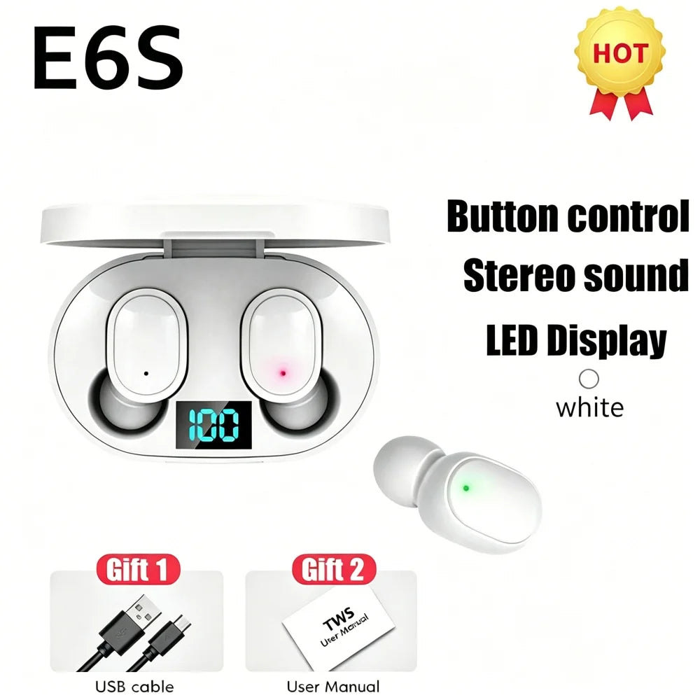 Digital Display Bluetooth Earphones with Mic TWS E6S Wireless Bluetooth Headset Noise Cancelling Headset for Xiaomi Huawei Oppo