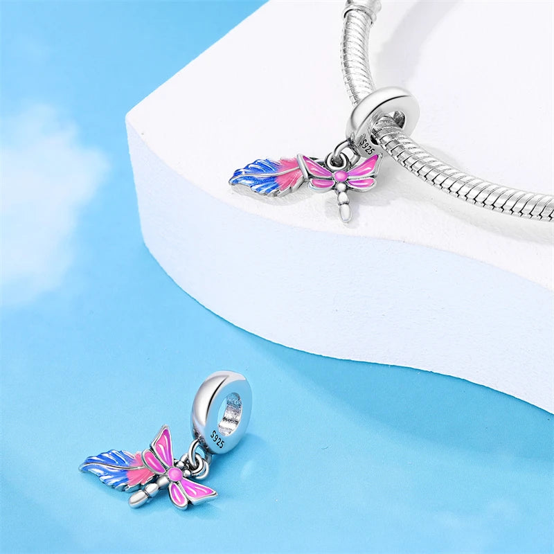 925 Sterling Silver Colorful Butterfly Dragonfly Feathers Charms Luminous Stars Pendants Fit Original Bracelets Fine DIY Jewelry