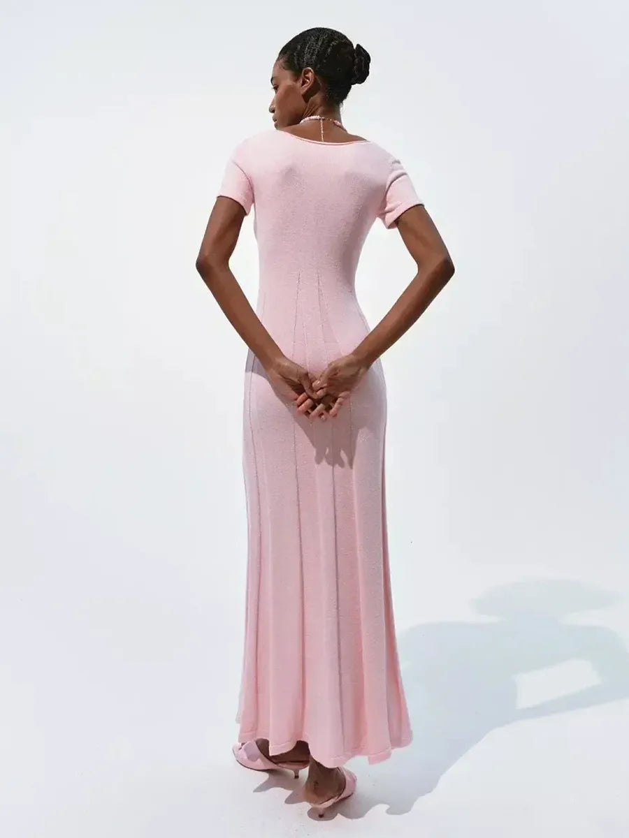Tsiisd Ribbed Knit Maxi Dress For Women Deep V-Neck Slim High Slit Elegant Patchwork Commute Party Dress Women Knitwear Dress