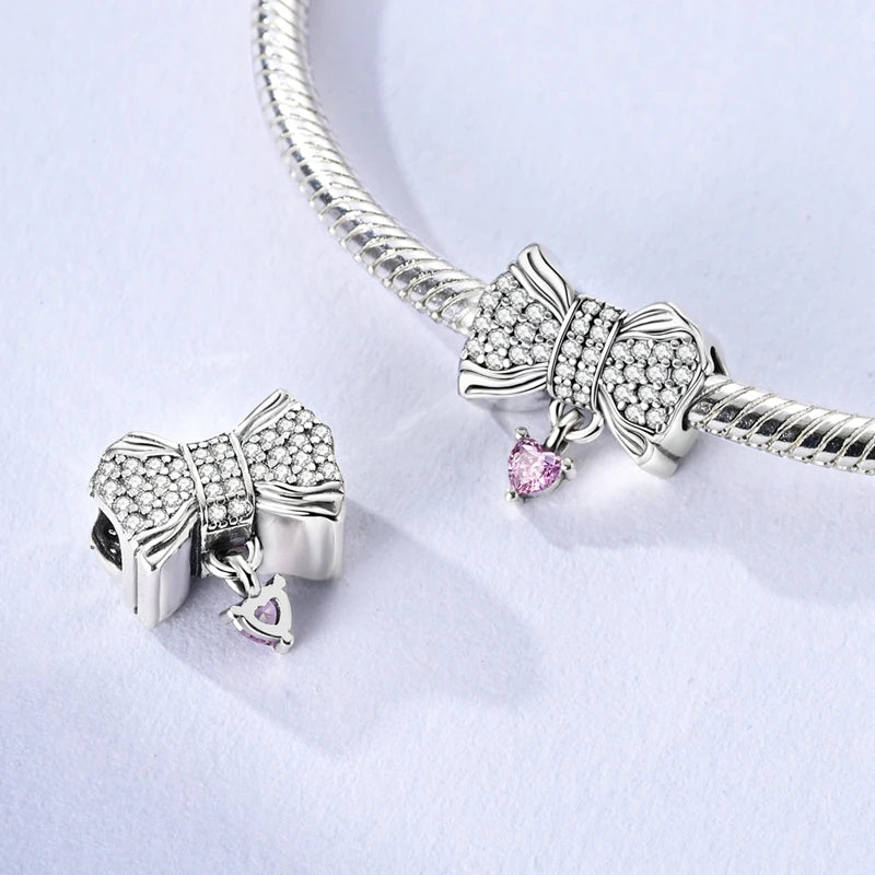 Silver Bow Charms 925 Sterling Silver Pink Heart-shaped Bow Pendants Charms Beads Fit Original S925 Bangle Bracelets DIY Jewelry