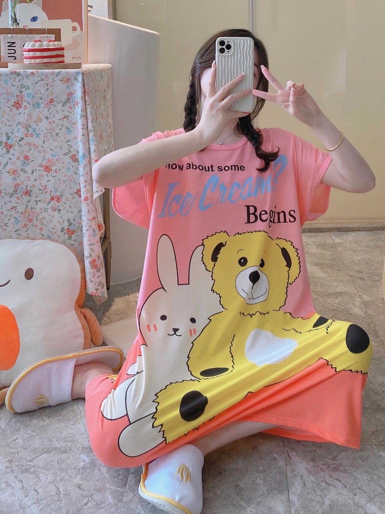 1PC, Summer And Autumn Cool Cute Girls Cartoon Nightdress, Comfortable Short-sleeved Dress, Women's Home Wear, Polyester Pajama