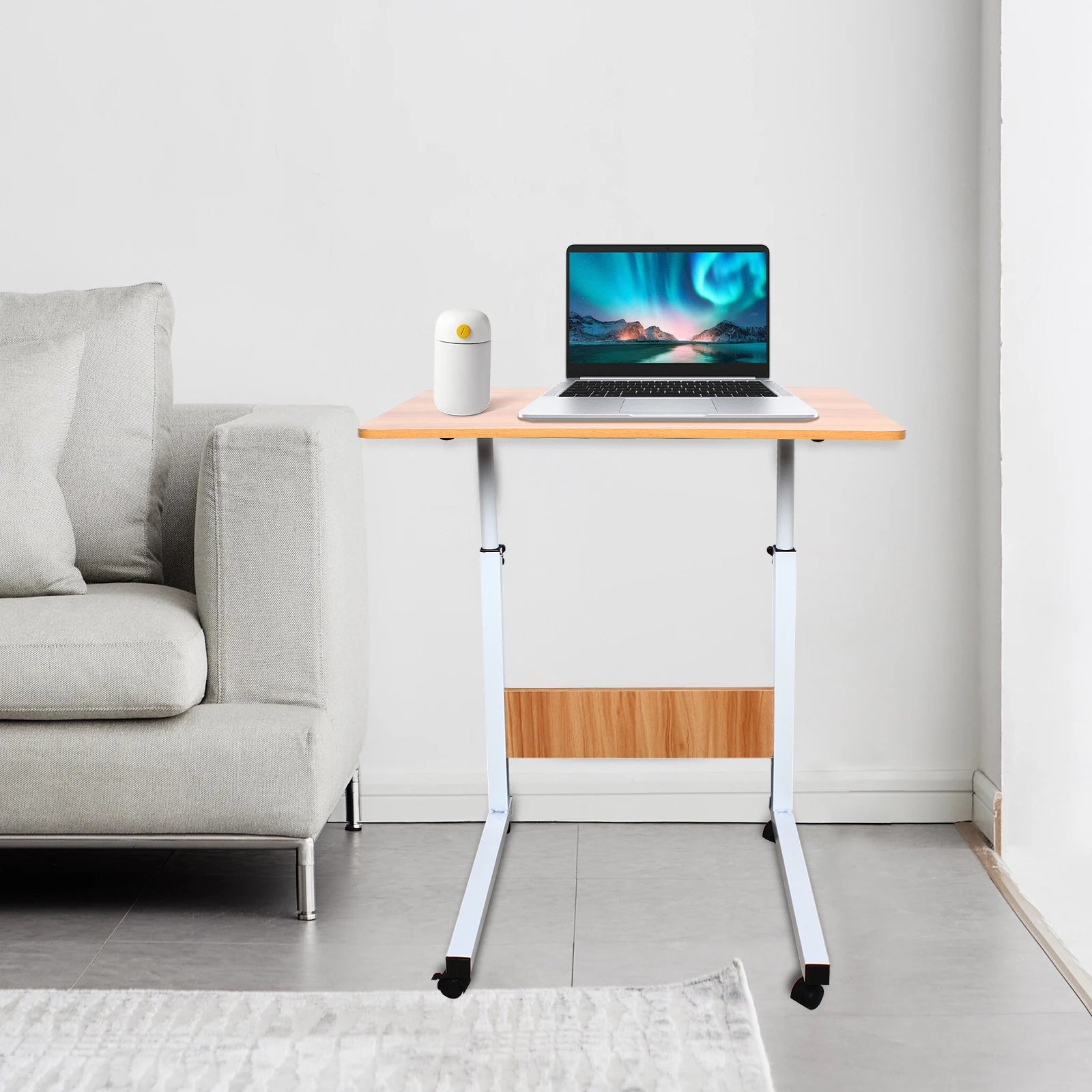 Mobile Laptop Desk 60*40cm Mdf Adjustable Bedside Desk Height Rolling Computer Table with Lockable Wheel for Home Bedroom Dormitory