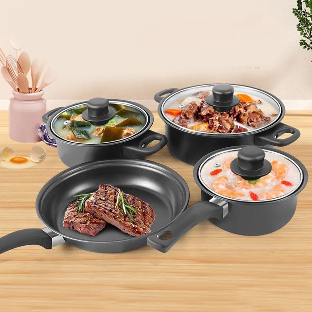 12Pcs Non Stick Cookware Set Cooking Pot with Lid Deep Frying Pan Milk Pot Maifan Stone Frying Pan for All Types of Cooker