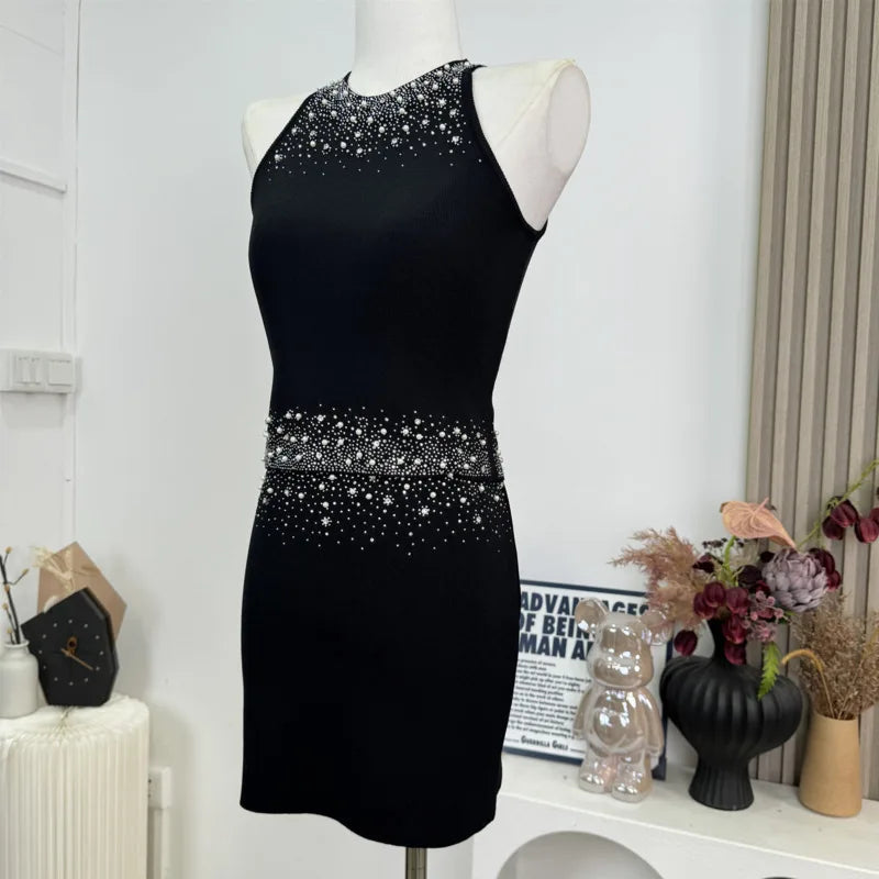 Womem Nail Bead Top + Short Skirt Two Piece Outfit Ensemble Femme High Quality French Luxury Diamonds Knitted 2 Piece Set