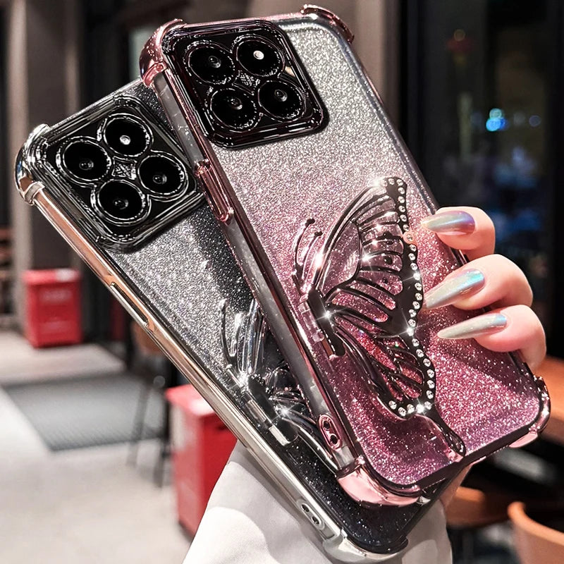Shockproof Plating Glitter Butterfly Bracket Bracelet Case for Xiaomi 17 Pro Max Xiaomi17 13T 14T 15T Pro 15 Ultra Stand Cover