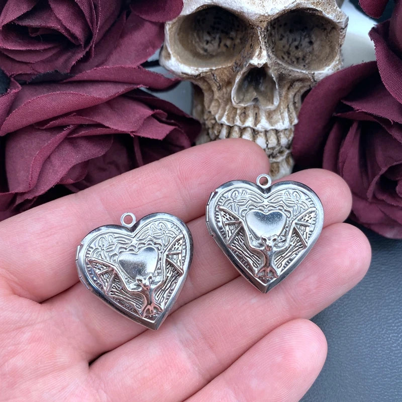 2pcs Bat Heart Locket Charms Stainless Steel Heart Photo Frame Pendant Designer Charms For Jewelry Making DIY Jewelry Findings