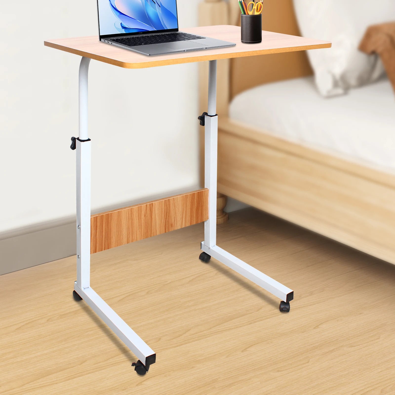 Mobile Laptop Desk 60*40cm Mdf Adjustable Bedside Desk Height Rolling Computer Table with Lockable Wheel for Home Bedroom Dormitory