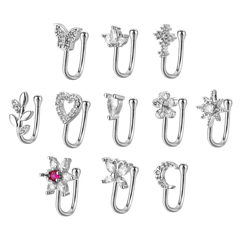 Women Fake Piercing Accessory Pack 1 or 3 Pieces, 316L Surgical Steel C-Shape Clip On Septum Rings & Ear Cuffs