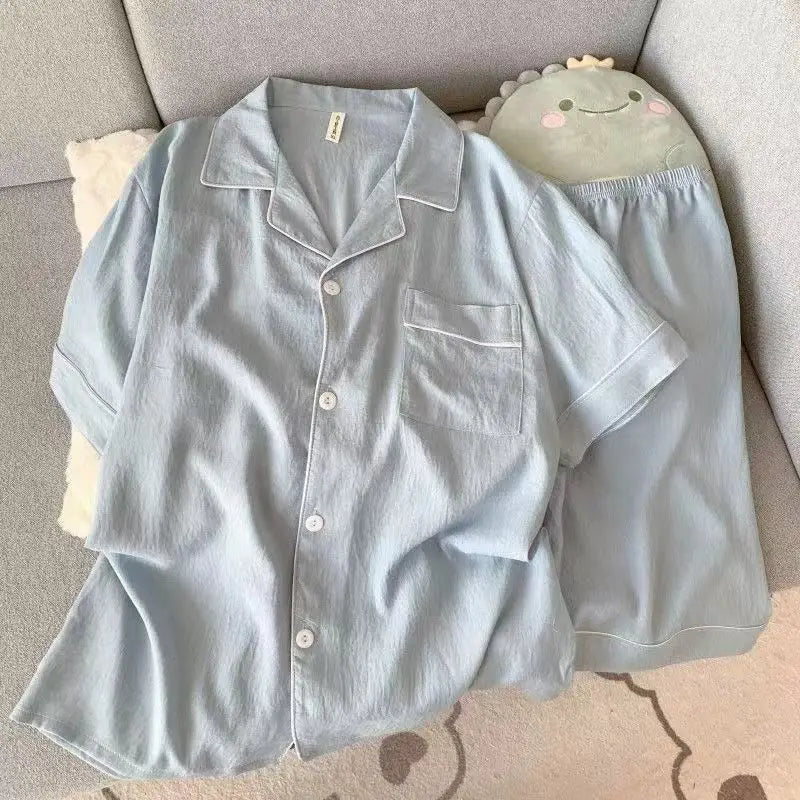 Youth Men's Slim Fit New Pajama Set Solid Color Short Sleeve Lapel Top and Elastic Shorts Pajamas Summer Loungewear Sleepwear