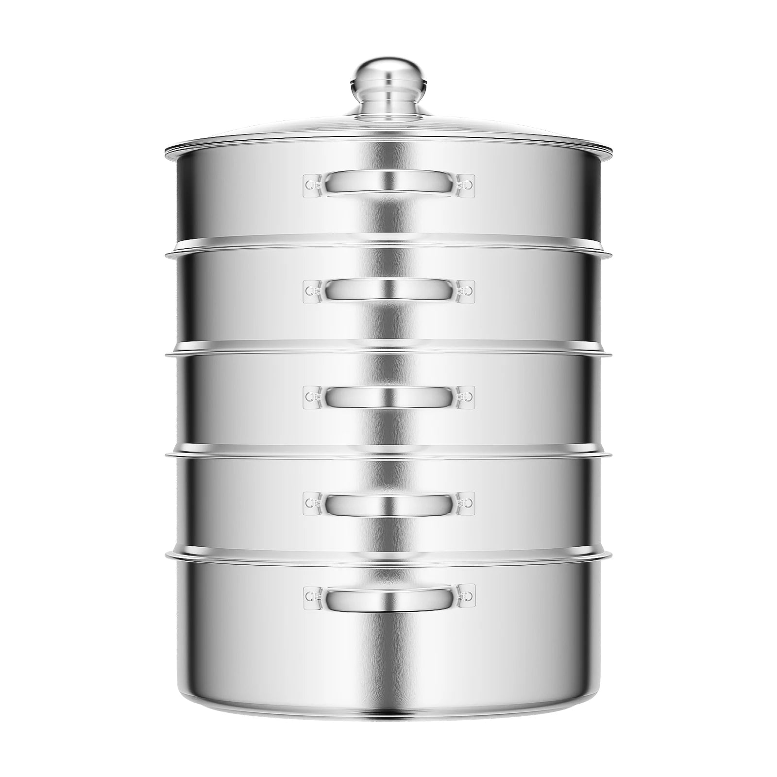 5-Layer Steamer 26cm/28cm/30cm Steam Cooker 304 Food-Grade Stainless Steel 4 Steaming Grids and 1 Cooking Pot W/ Glass Lid