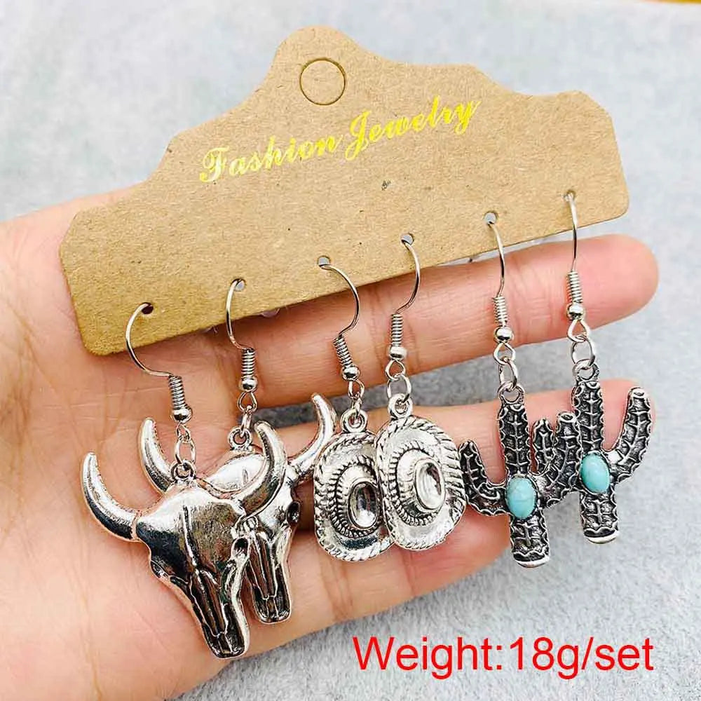 Western Retro  Turquoise Bull Head Earrings Cactus Boots Cowboy Hat Alloy Ethnic Style Earrings Set Jewelry for Women