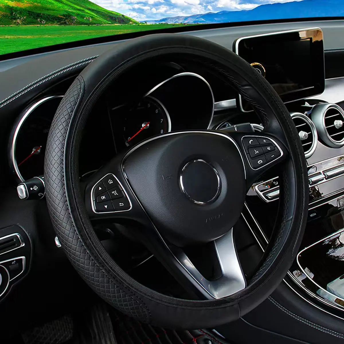 Artificial Leather Three-dimensional Embossed-car without Inner Ring Steering Wheel Cover Auto Parts for 14.5-15 Inches