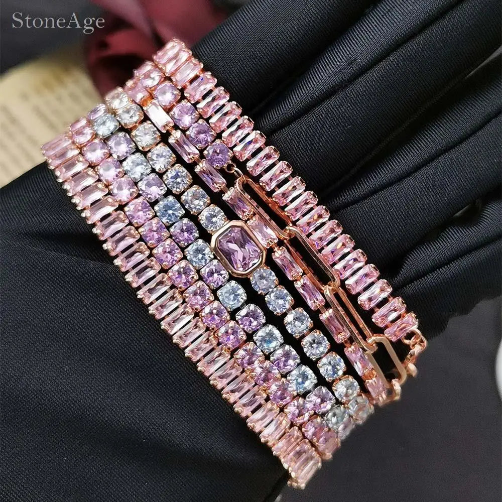 Pink Crystal Tennis Bracelets for Women Female Trend Romantic Shiny Zirconia Adjustable Folding Buckle Chain on Hand Jewelry