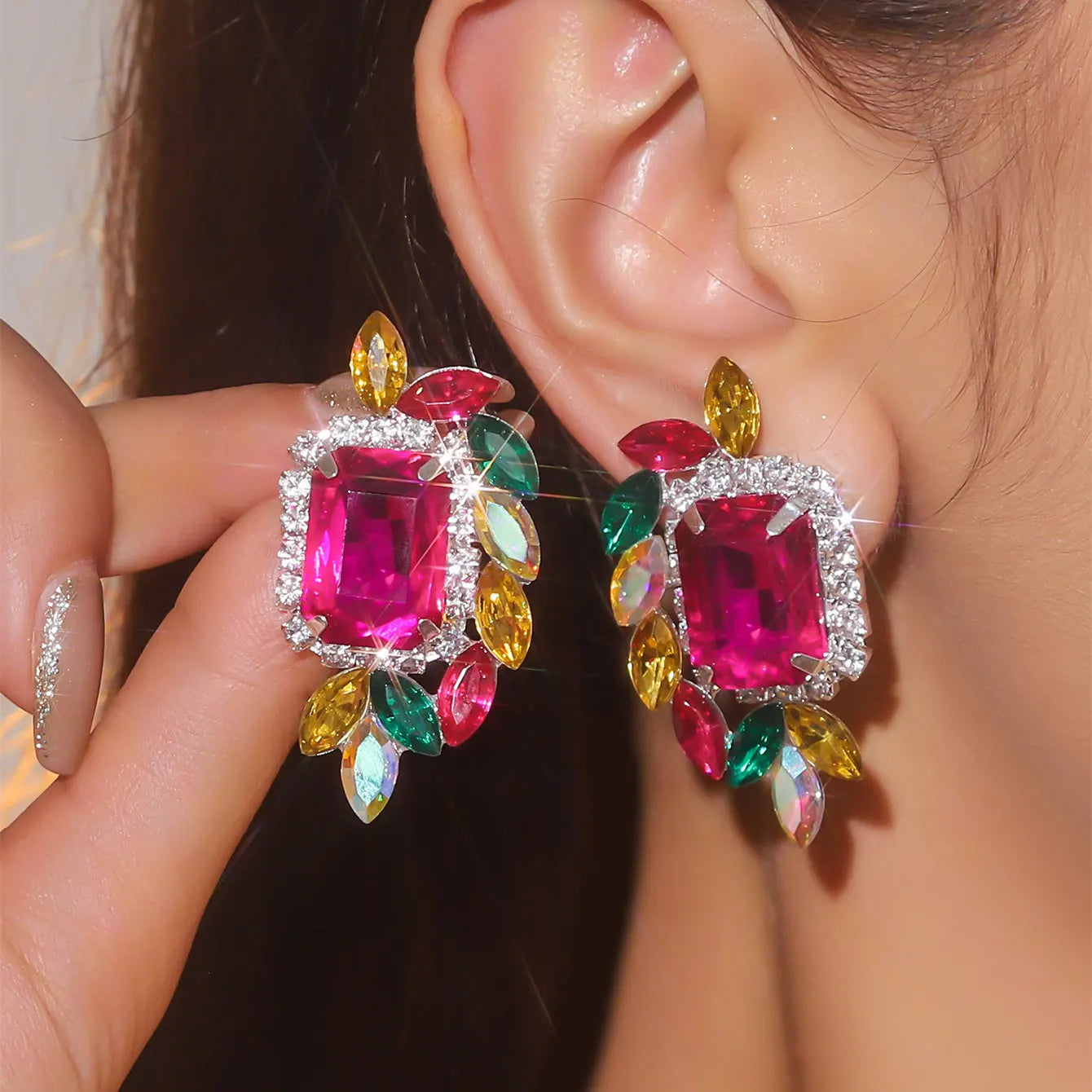 Women Fashion Shiny Rhinestone Big Drop Dangle Earrings Maxi Evening Dress Statement Earrings Accessories Wedding Bride Jewelry