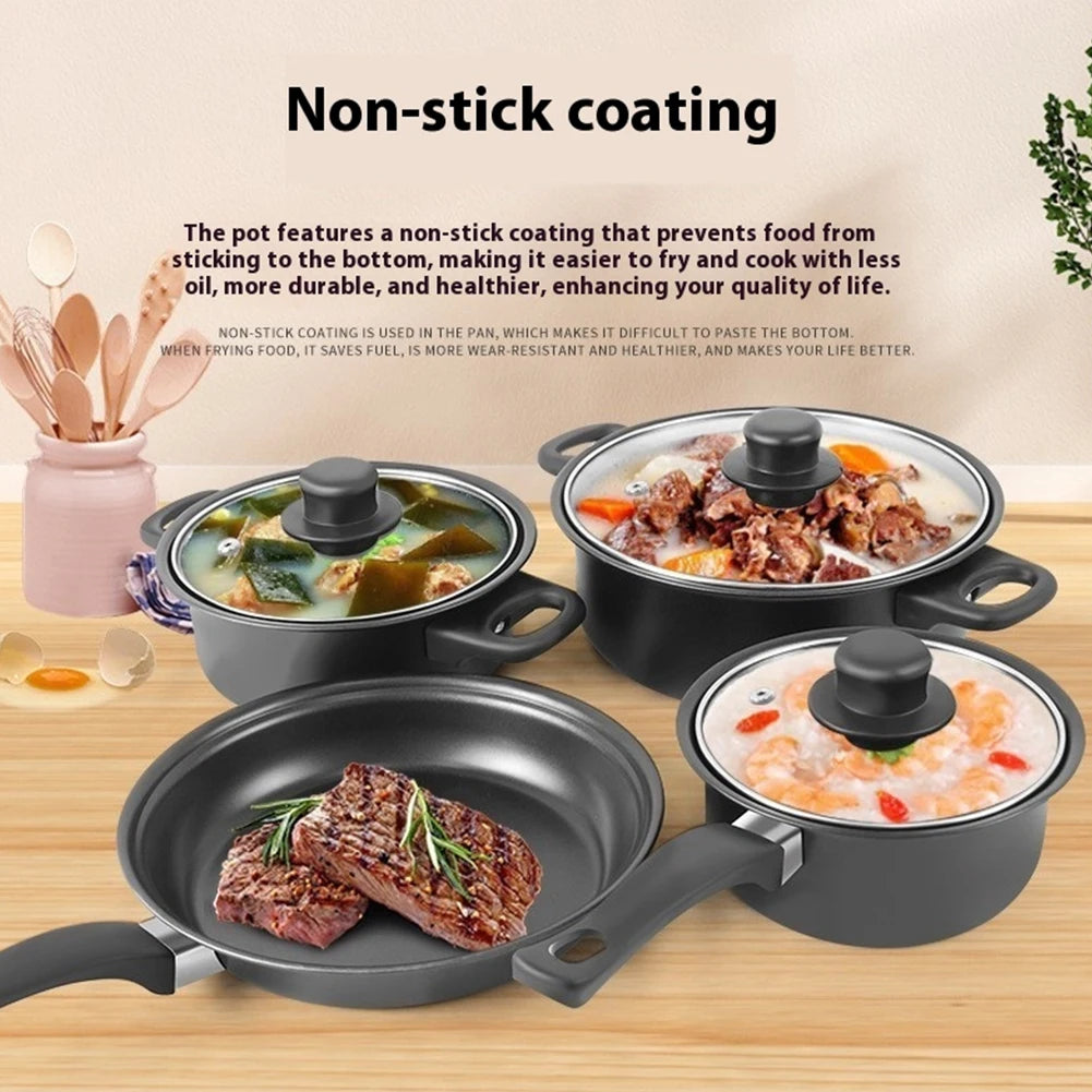 12Pcs Non Stick Cookware Set Cooking Pot with Lid Deep Frying Pan Milk Pot Maifan Stone Frying Pan for All Types of Cooker