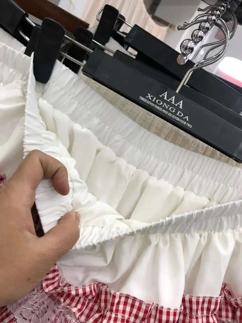2025 Spring Summer Sweet Cute Lace Patchwork Plaid Cake Short Skirt With Shorts Womem Korean Japan Preppy Style Skirts