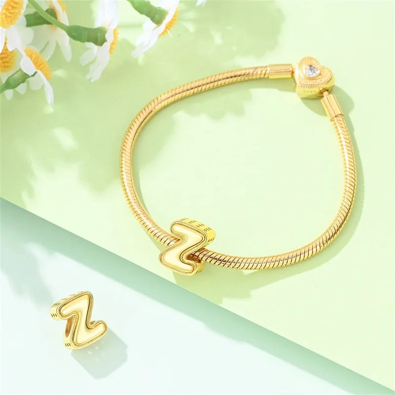 New Hot Sales 925 Sterling Silver 26 Golden Letters Charms Bead Fit Original Bracelet DIY Women Birthday Jewelry Gifts