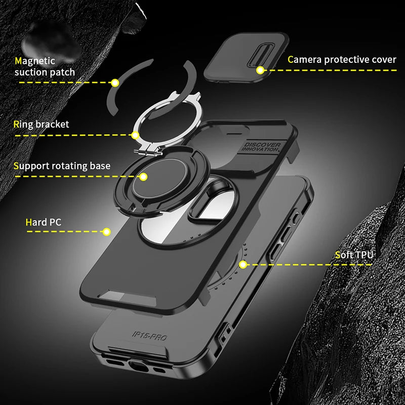 360°Rotating Hidden Metal Car Holder Ring Push Window Protection Lens Shockproof Phone Case For IPhone 16 Pro Max 16 Plus Cover