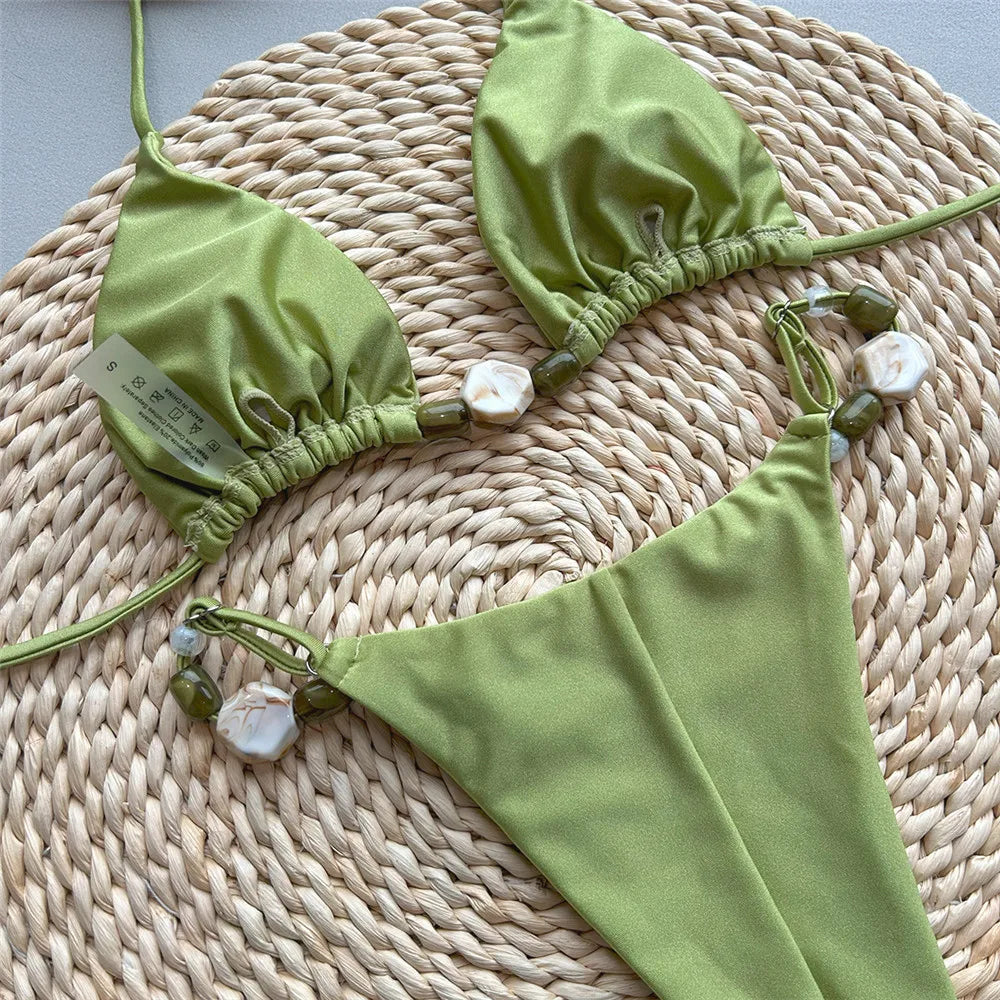 Solid Green Swimwears Sexy Halter Triangle Bead String Bikini Mini Micro Thong Swimsuit Woman 2026 Summer Brazilian Bikinis Sets