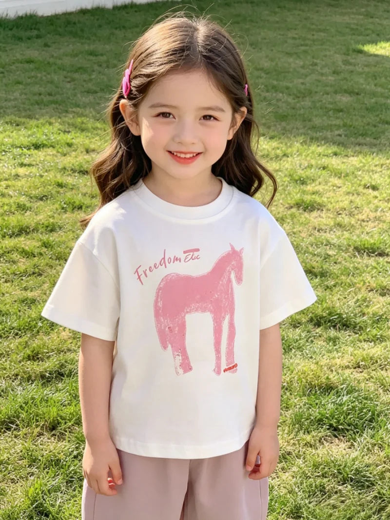 Kids Summer Loose T-Shirt Boys Girls Cartoon Print O-Neck Cotton Short Sleeve Top 1-10Y Children Korean Style Clothes