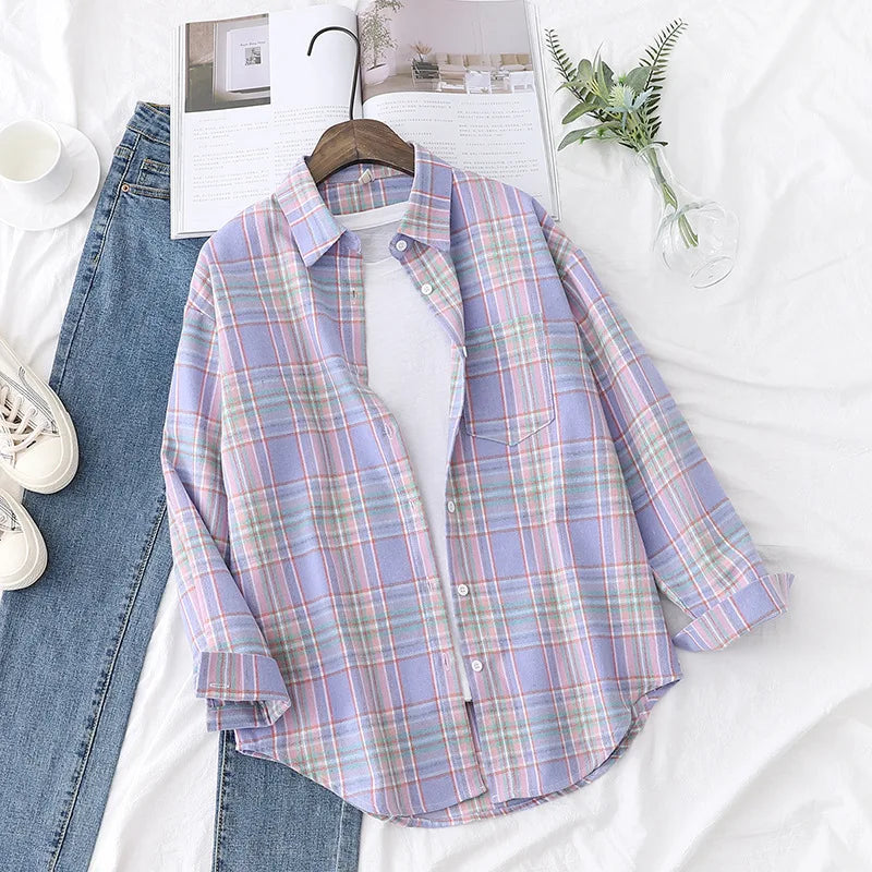 Casual Women's Plaid Shirt 2025 Spring Autumn New Ladies Loose Blouse and Tops Female Long Sleeve Shirts Fresh Checked Clothes