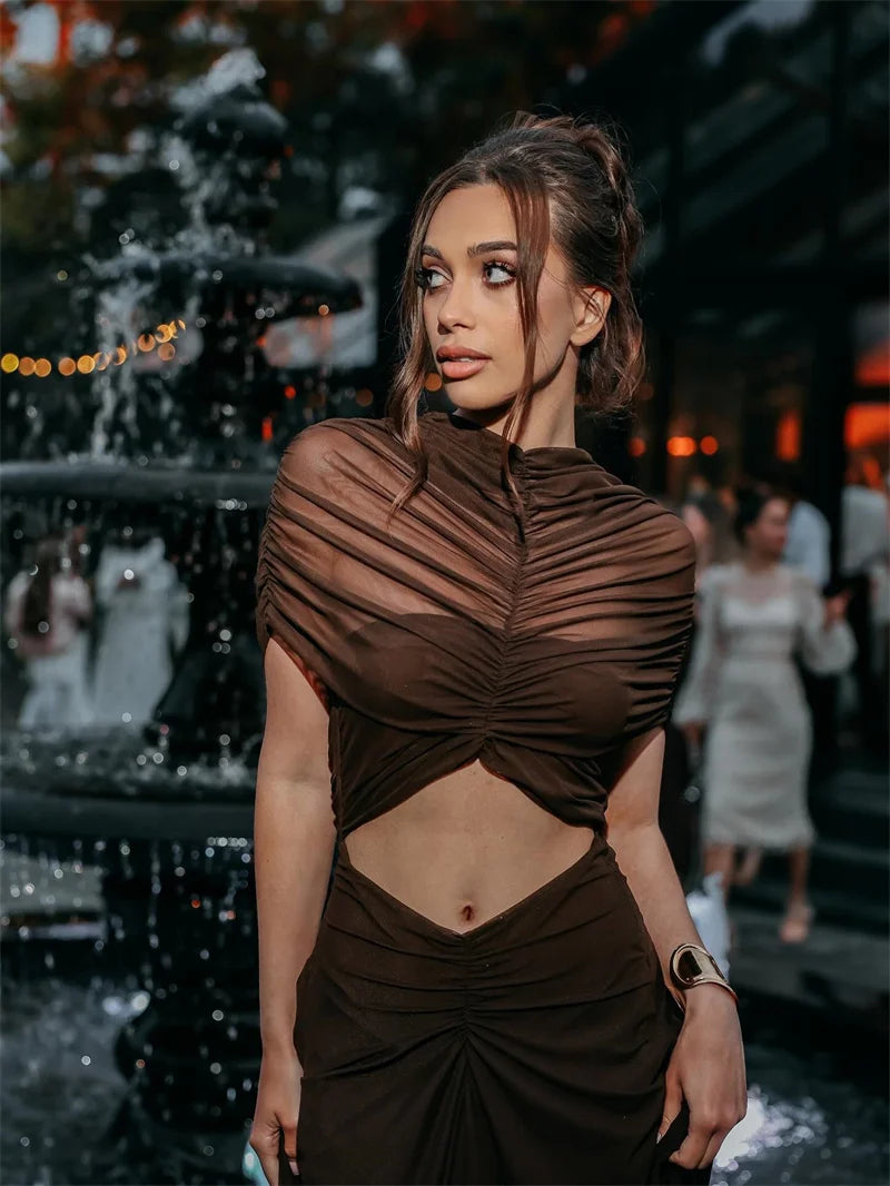 Mozision Hollow Out Short Sleeve Sexy Maxi Dress Women Fashion O Neck Ruched High Waist Bodycon Club Party Long Dress Female