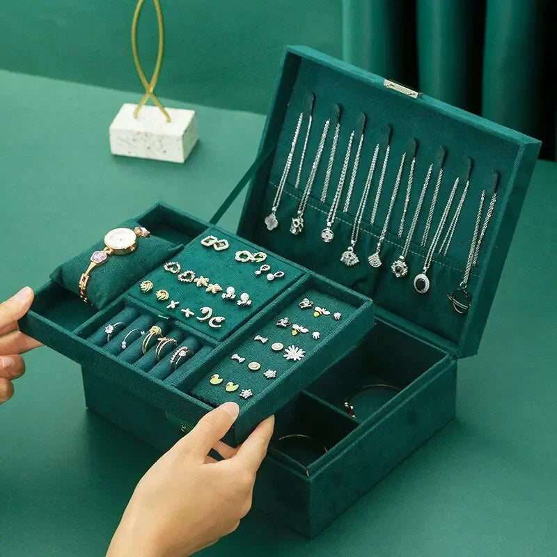 Pink Green 2-Layer Flannel Jewelry Organizer Box Necklaces Earrings Rings Display Holder Case for Women Large Capacity With Lock
