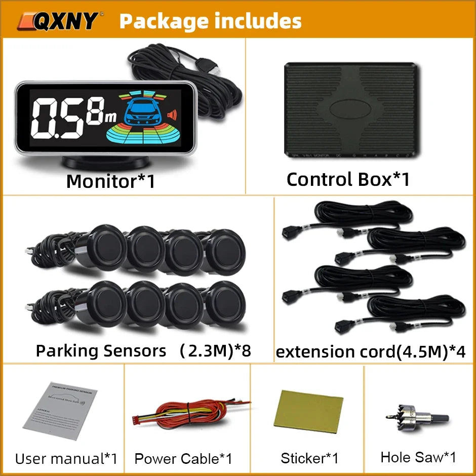 8 Parktronic Parking Sensors Kit Reversing Front and Rear Car Backup Radar Detector Backing Assistance Sound Aler AID