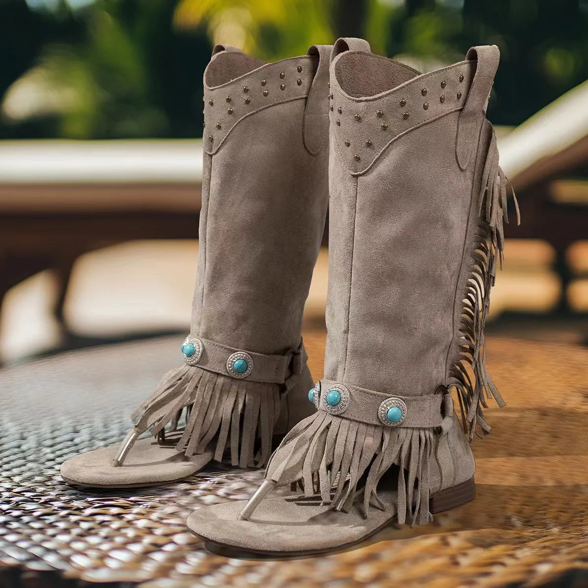 Womens Open Toe Boot Ethnic Style Tassels Rhinestone Vacation Beach Summer Flip Flops Lightweight soft Western cowgirl boots