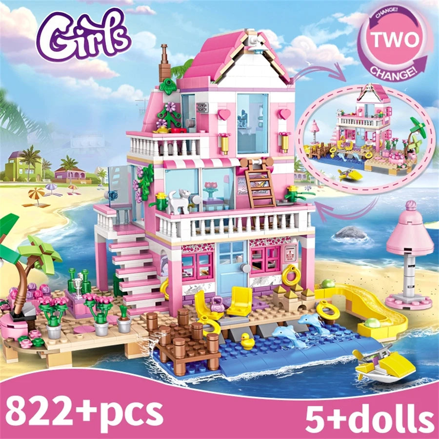 822Pcs Beach Villa Building Blocks Transformable House Model Creative Building Educational STEM Toys Birthday Gift For Girls
