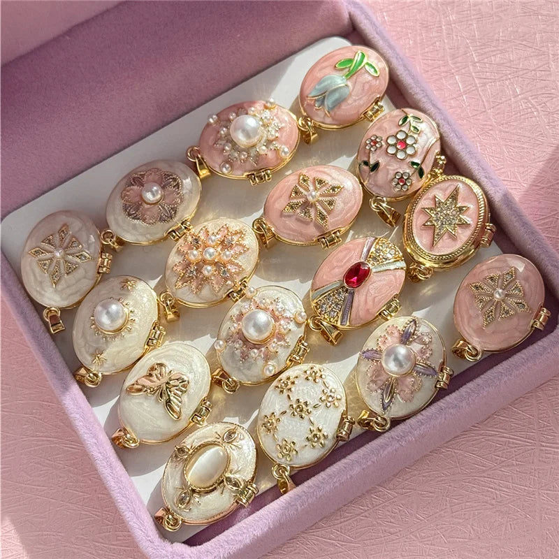 HangZhi Enamel Romantic Pink White Pearl Flower Oval Photo Frame Locket Necklace Vintage Keepsake Jewelry Gift for Women