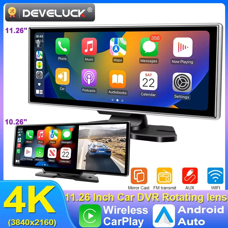 10/11.26 inch Dash Cam 4K Car DVR Wireless Carplay & Android Auto GPS Navigation Video Recorder Dashboard Dual Lens Wifi FM AUX