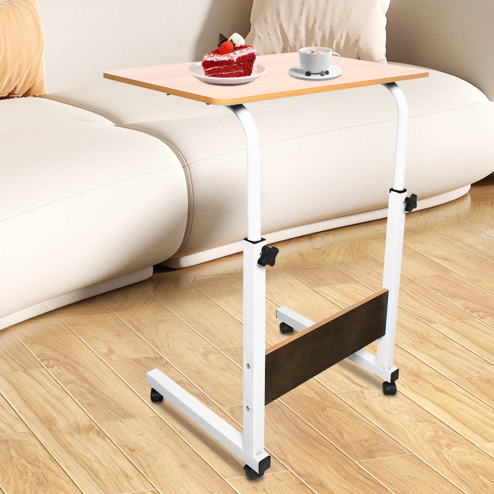 Mobile Laptop Desk 60*40cm Mdf Adjustable Bedside Desk Height Rolling Computer Table with Lockable Wheel for Home Bedroom Dormitory