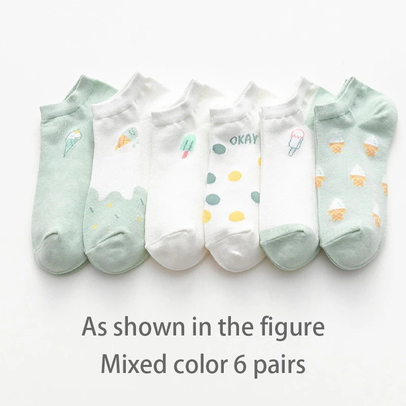 6 Pairs of Women Is Summer Thin Short Socks Sweet Cute Breathable Mesh Comfortable and Small Floral Fragments