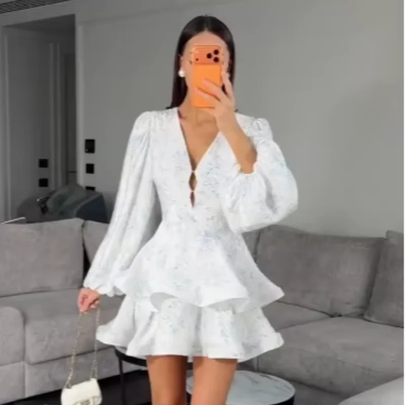 Women Floral Print Mini Dress V-neck Balloon Sleeve Keyhole Detail Tiered Ruffle Hem Dresses 2026 New Summer Holiday Party Gowns